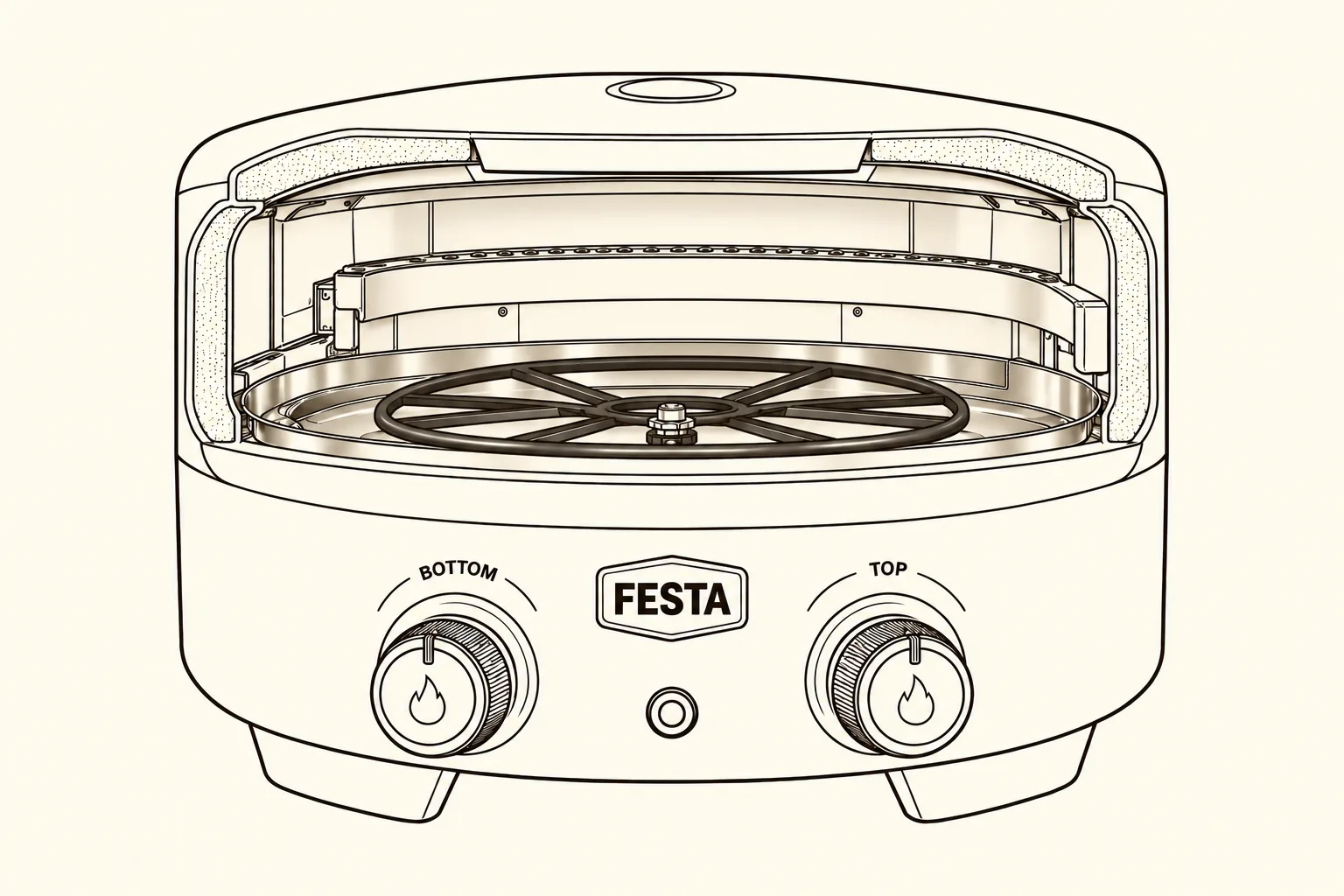 Cutaway drawing of the Festa Oven with the stone removed, showing the empty spoked turntable sitting in the pan