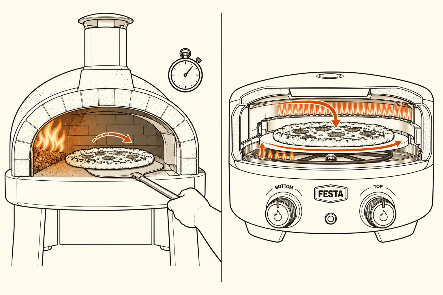 Two-panel drawing: in a traditional dome oven a hand turns the pizza with a peel; in the Festa Oven the stone turns the pizza by itself while the top and bottom burners heat it